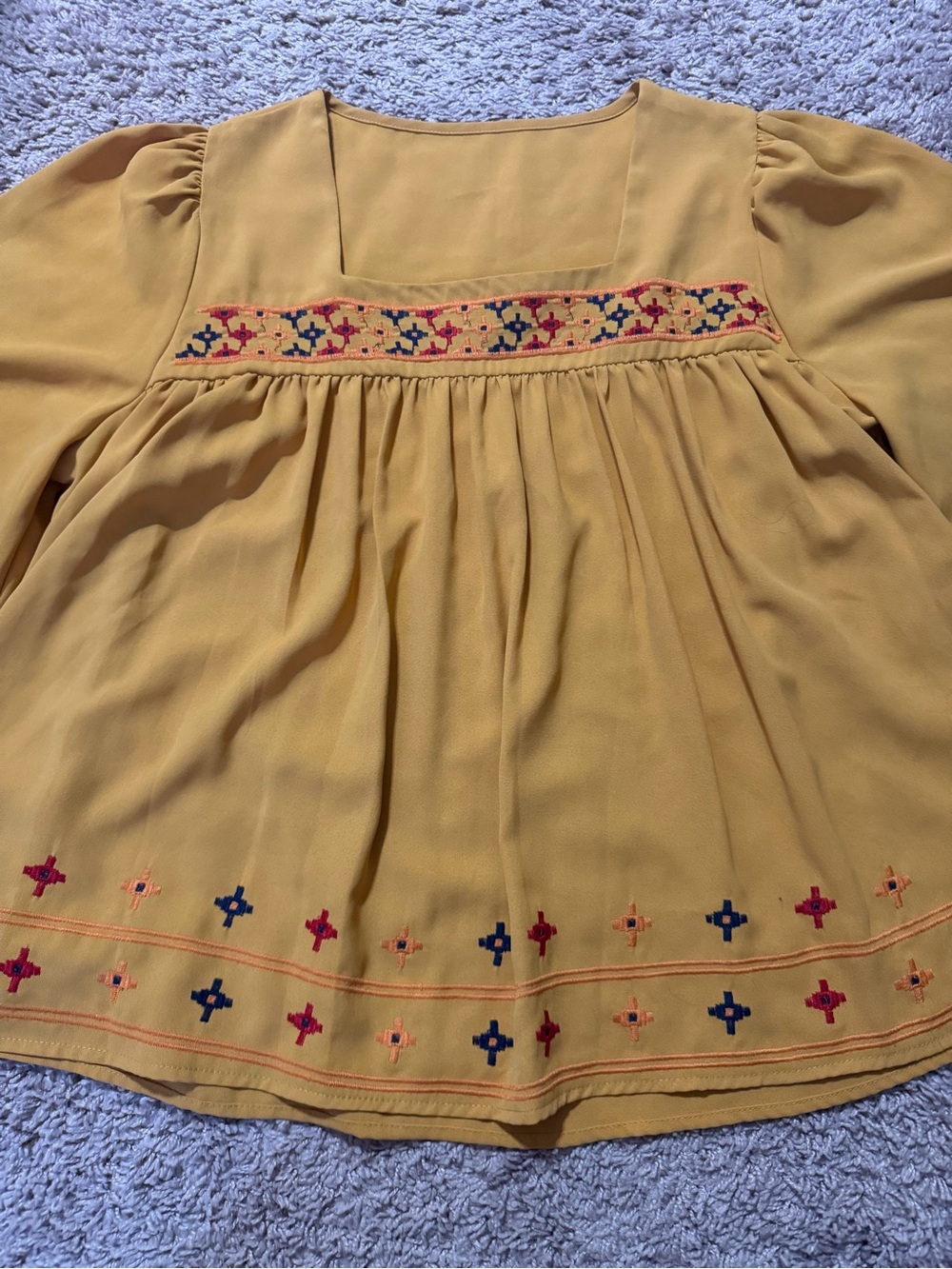 Source Unknown Mustard Embroidered Square-Neck Blouse